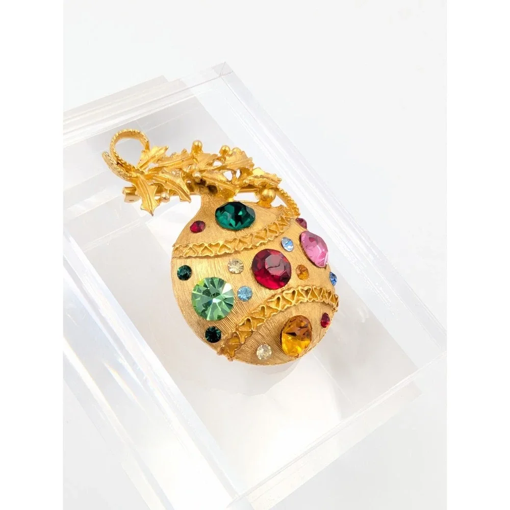 Vintage Gold Tone Ornament Brooch Rhinestone Christmas‎ Ball Statement Piece